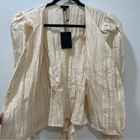 NWT NBD Chiara Top Womens Small Champagne Long Puffed Sleeve Tafetta Wrap Tie - Picture 13 of 16